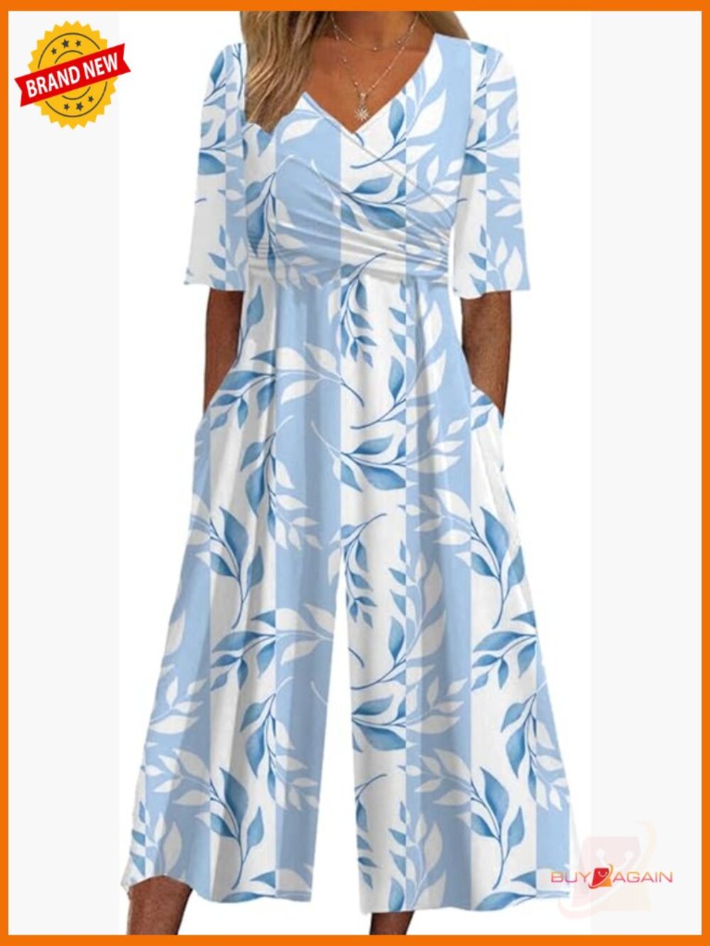 Womens Floral Wrap V Neck Short Sleeve Wide Leg Jumpsuit Romper with Pockets